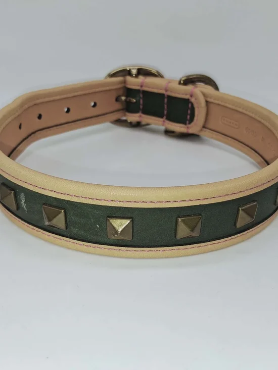 Coach Green and Natural Leather Dog Collar with Brass Medallion - Picture 8 of 9